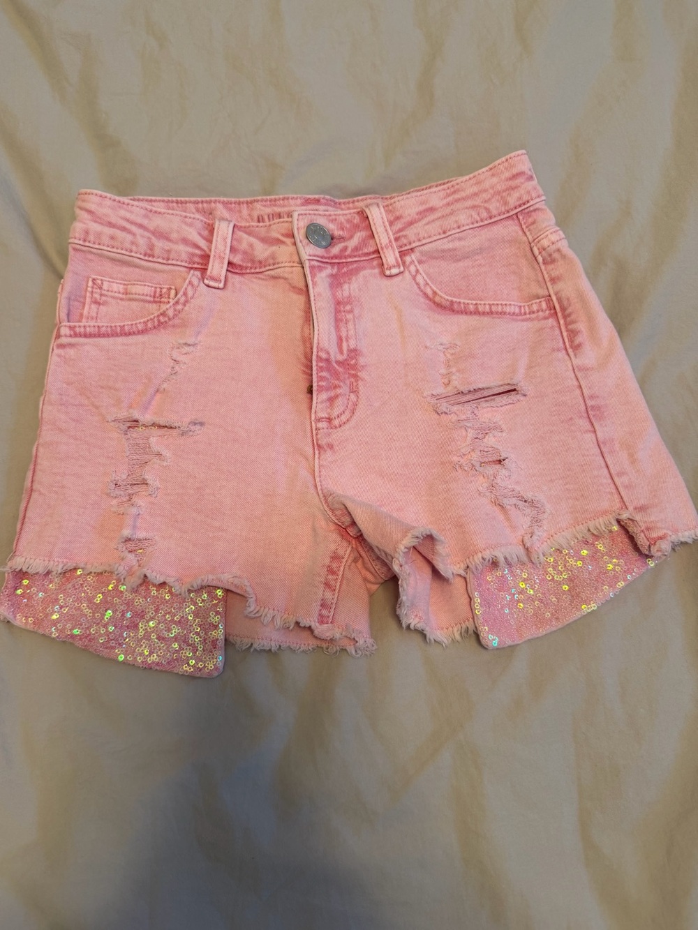 Justice Pink Distressed Denim Shorts with Sequin Hem